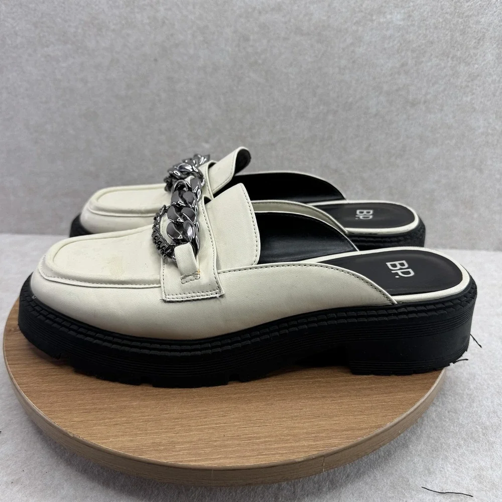BP. Shoes Womens 9 White Tristan‎ Chain Loafer Mules Slip On Chunky Lug Sole